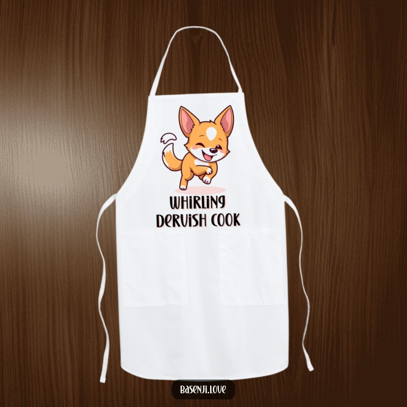 Funny apron with a Basenji with a playful grin energetically chasing its tail in a circle.