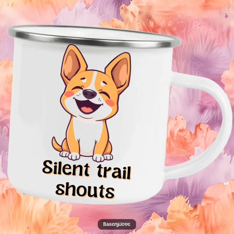 Funny camping mug with a cute Basenji with perked ears, joyfully barking silently, perfect for adventures.