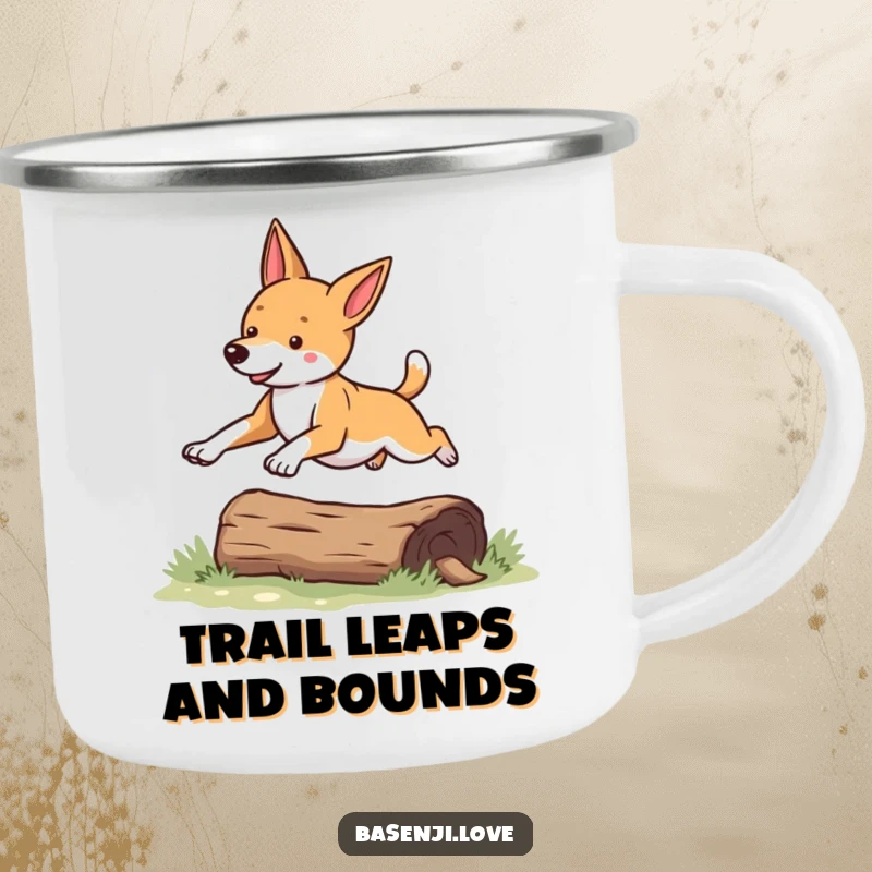 Funny Basenji camping mug showing a dog leaping over a log, perfect for outdoor enthusiasts.