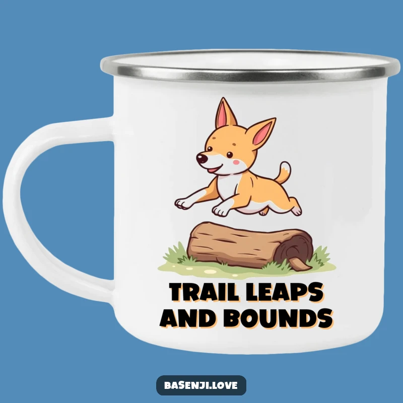 Funny Basenji Leaping Camping Mug: Outdoor Adventure Humor for a Perfect Gift