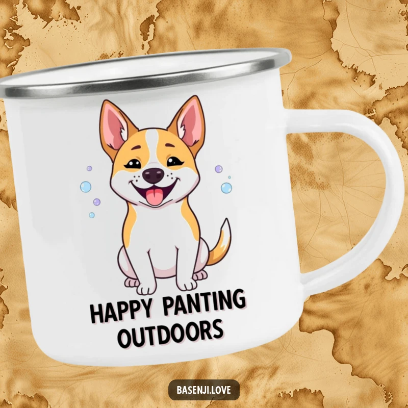 Funny Basenji camping mug featuring a happy dog panting small bubbles, ideal for outdoor enthusiasts.