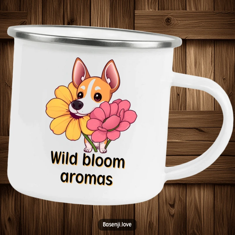 Funny camping mug with a Basenji with wide, curious eyes sniffing a giant, colorful flower.