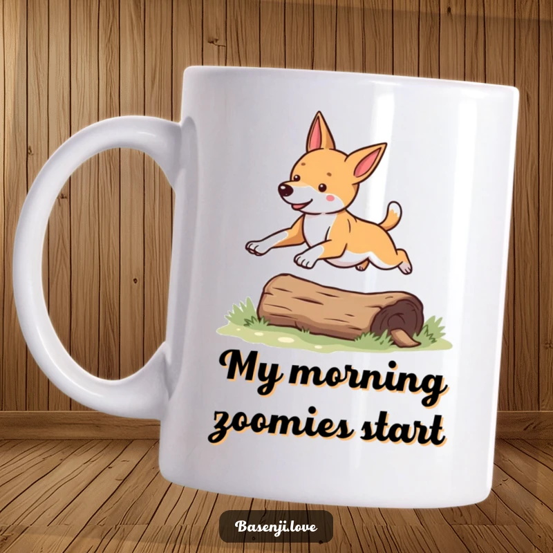 Funny Basenji mug showing an athletic dog joyfully leaping over a log with a bouncy stride.