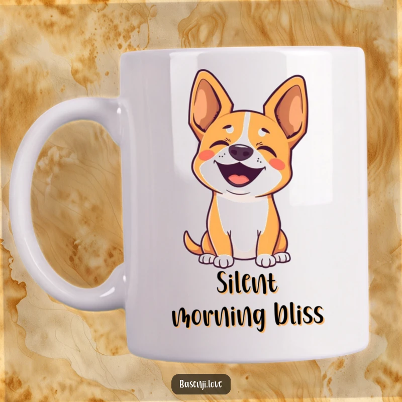 Funny mug of a cute Basenji with ears perked up, depicted barking silently with pure, uncontainable joy.