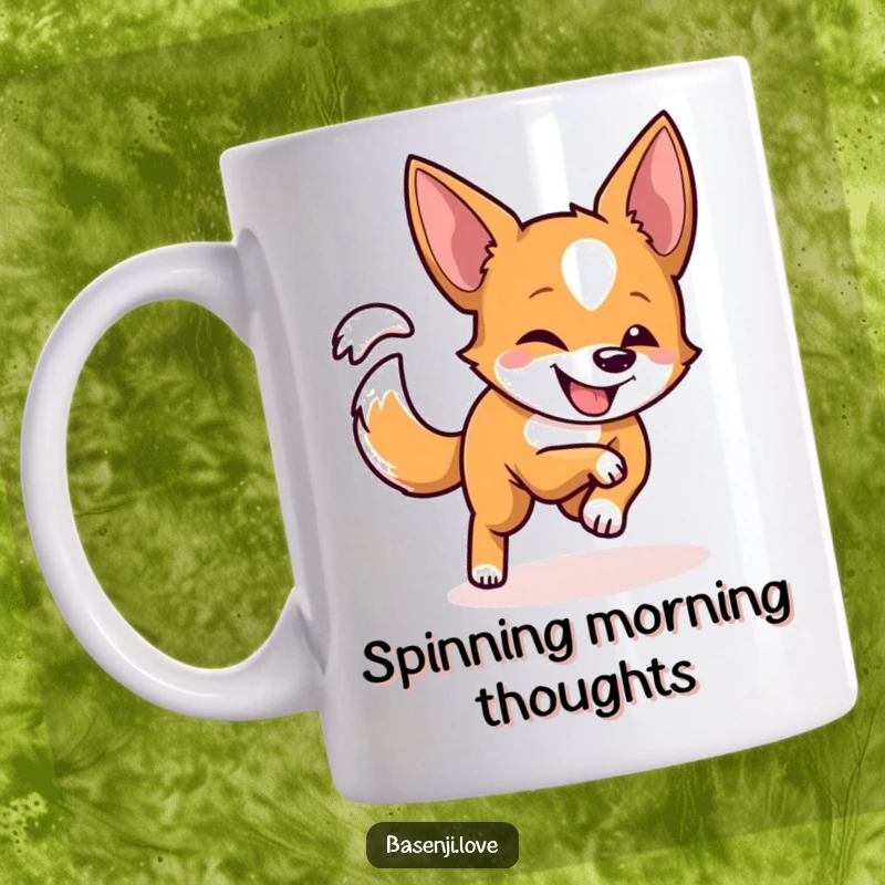 Funny mug of a Basenji with a playful grin spinning in a circle while chasing its tail with delight.