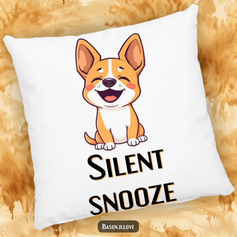Funny pillow featuring a cute Basenji with perked ears, silently barking with pure joy and affection.