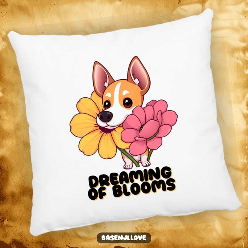 Funny pillow featuring a Basenji with wide, curious eyes sniffing a giant, colorful flower with interest.