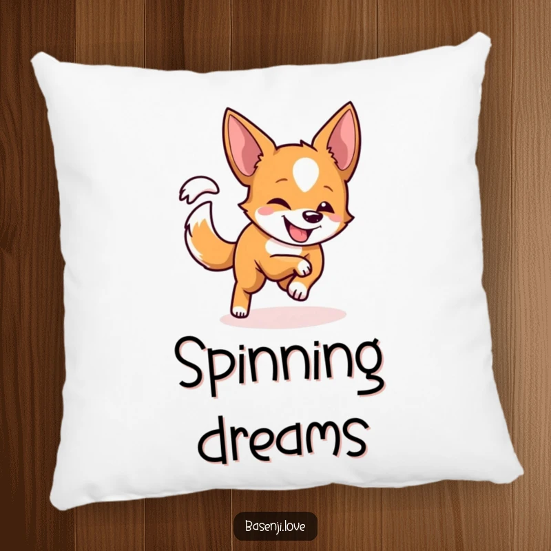 Funny pillow featuring a Basenji with a playful grin, adorably spinning in a circle after its tail.