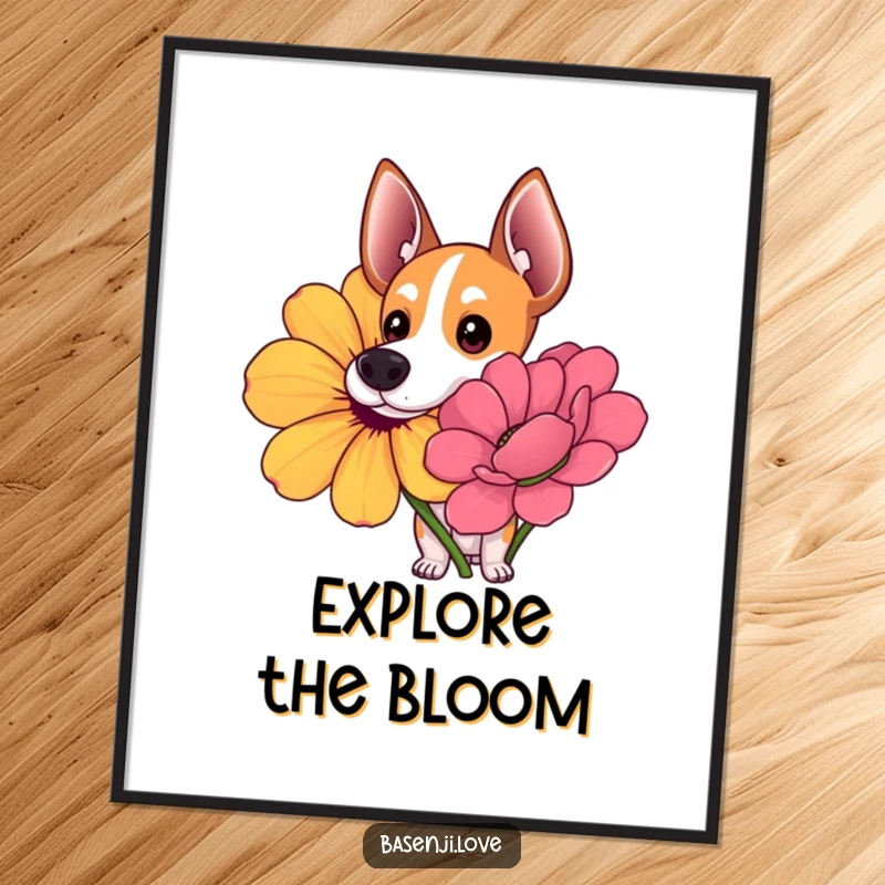Funny digital art print of a Basenji with wide, curious eyes sniffing a giant, colorful flower.