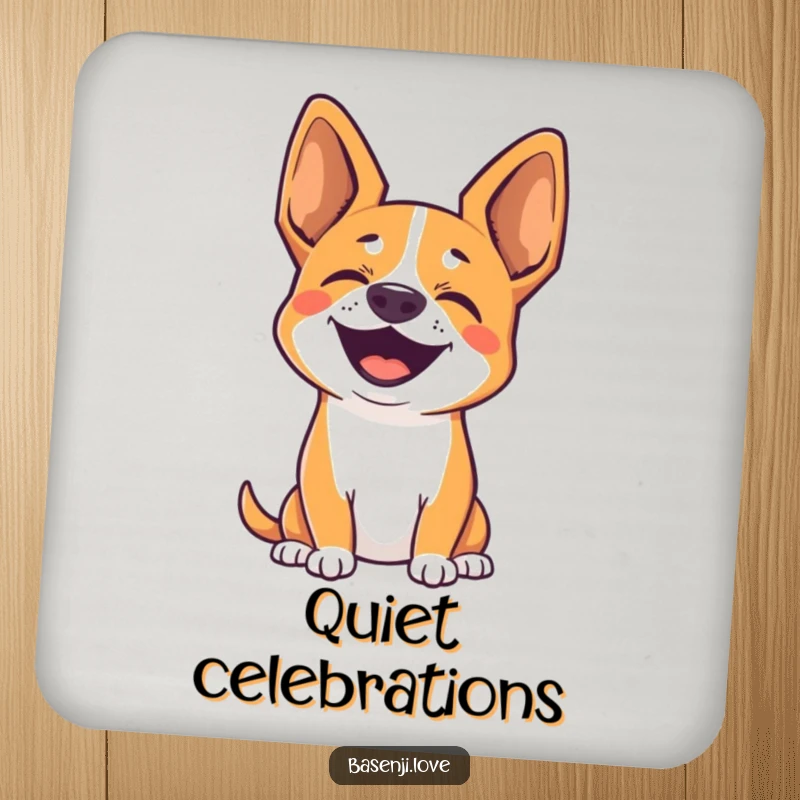 Funny drink coaster featuring a cute Basenji with perked ears, silently barking with joy.