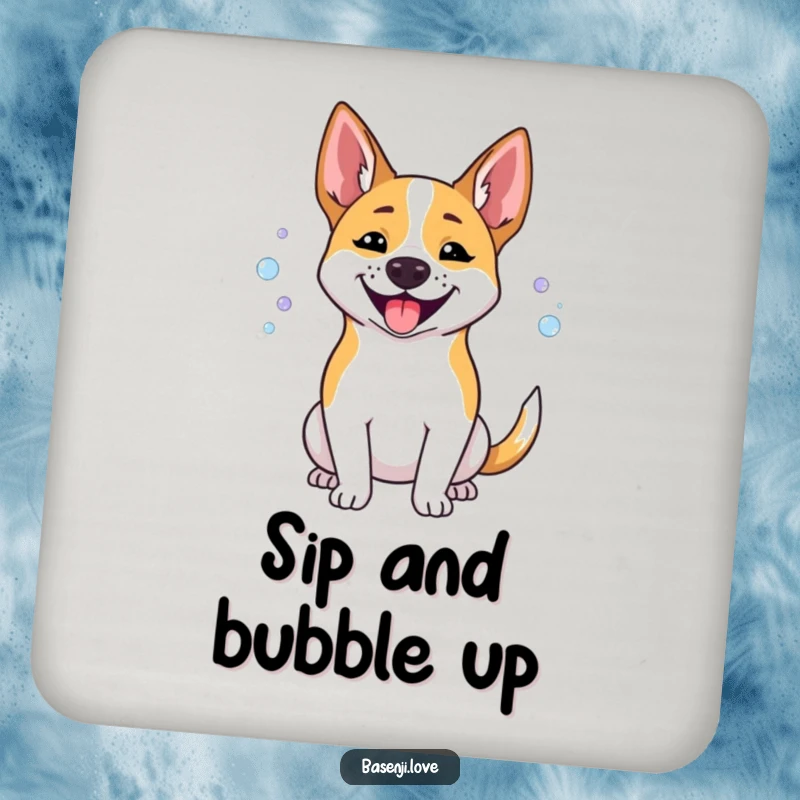 Funny Basenji coaster showing a happy dog panting small bubbles, protecting surfaces with humor.