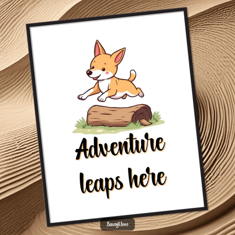 Funny Basenji poster featuring a dog mid-leap over a small log, exuding athleticism and happiness.