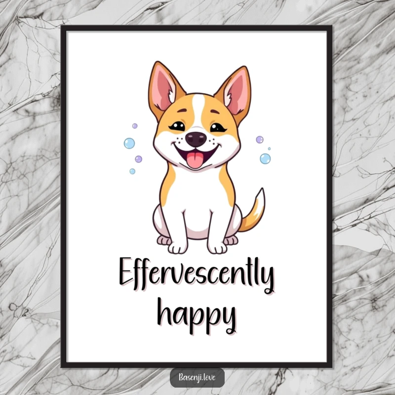 Funny Basenji poster illustrating a happy dog panting, creating a delightful cascade of small, airy bubbles.