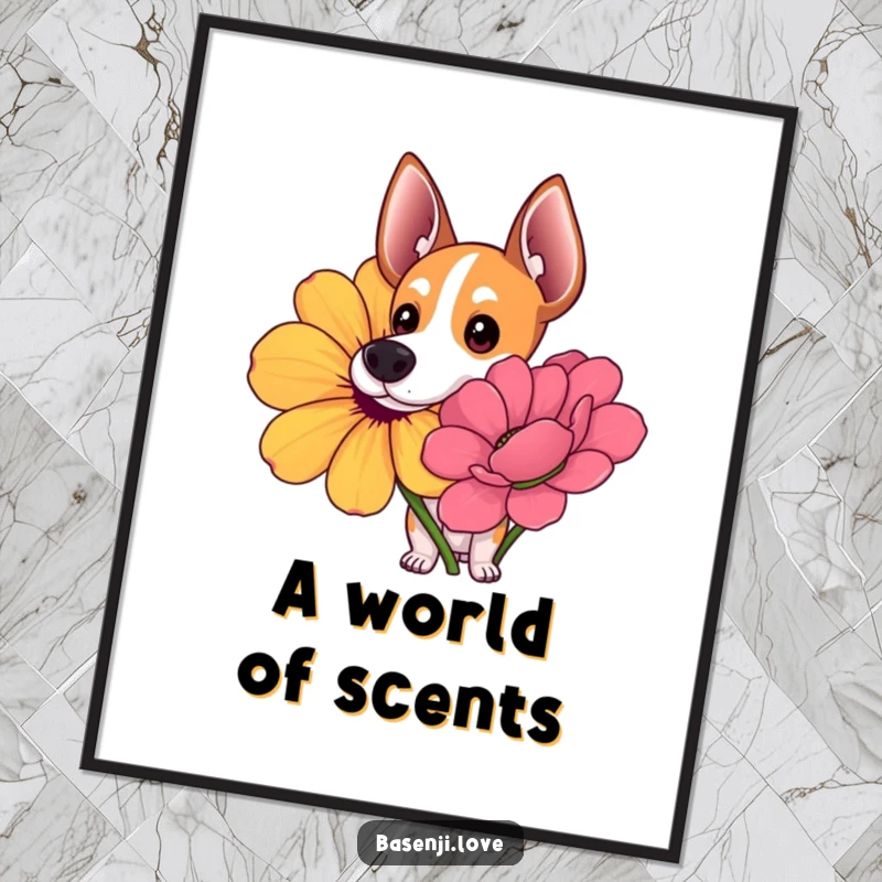 Funny poster of a Basenji with wide, curious eyes intently sniffing a giant, vibrant, colorful flower.