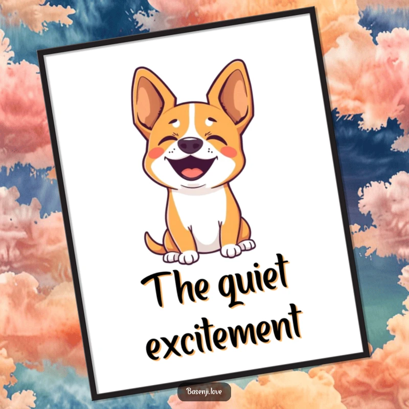 Funny poster of a cute Basenji with perked ears, joyfully barking silently, perfect for dog-themed decor.