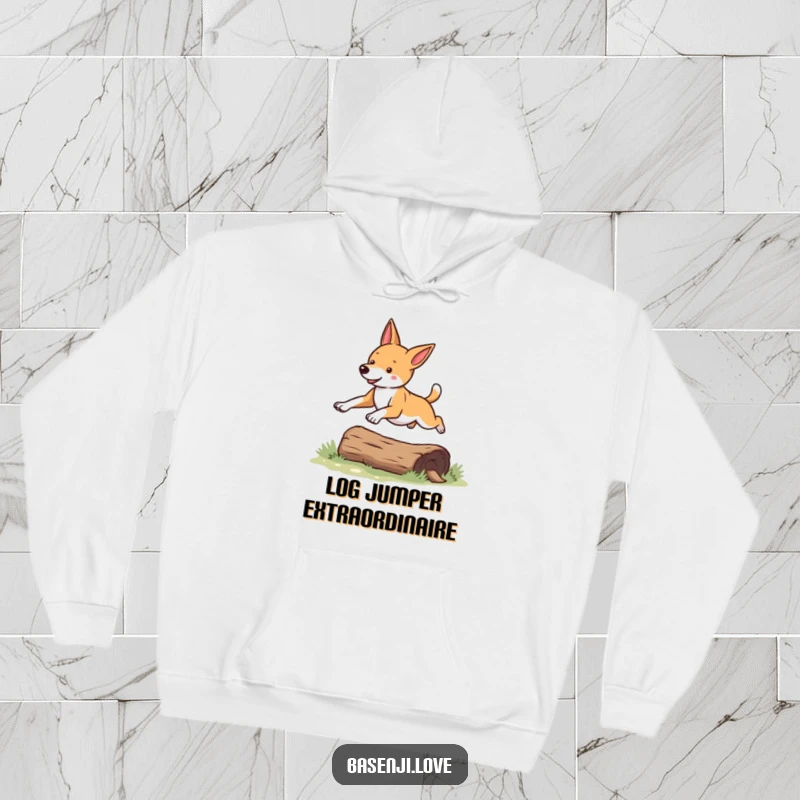 Funny Basenji hoodie showing a dog captured in a dynamic leap over a log, full of playful energy.