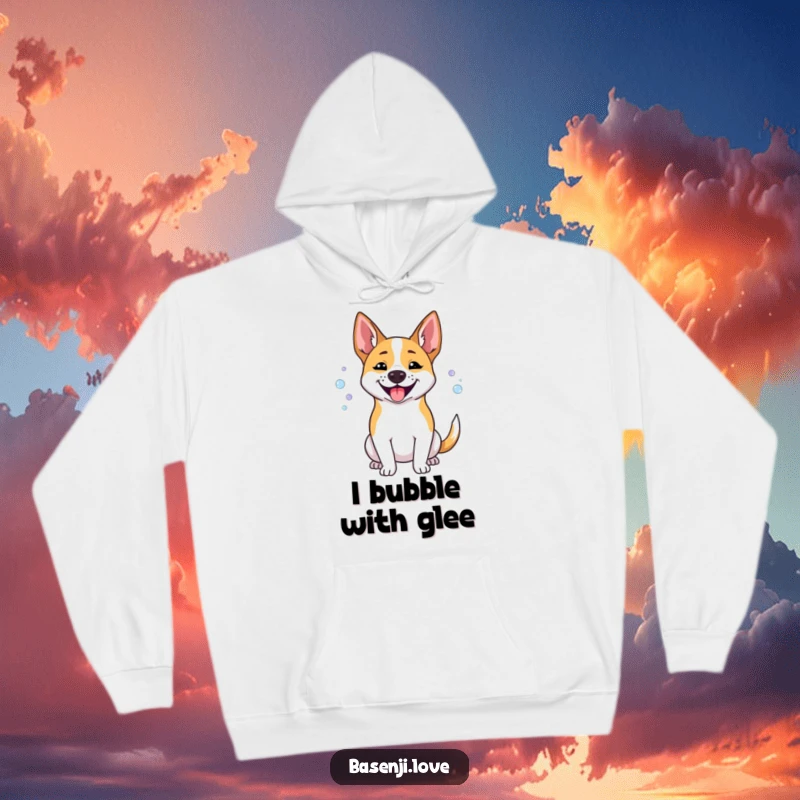 Funny Basenji hoodie displaying a dog happily panting, with small, whimsical bubbles floating around its snout.