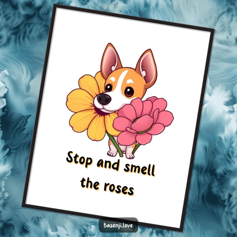 Funny free printable wall art: A Basenji with wide, curious eyes is depicted sniffing a large, brightly colored flower.