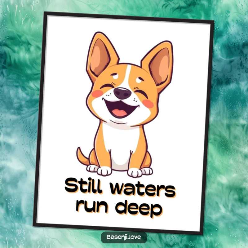 Funny free printable wall art: A cute Basenji with perked ears is captured mid-bark, silently expressing pure, unadulterated joy.