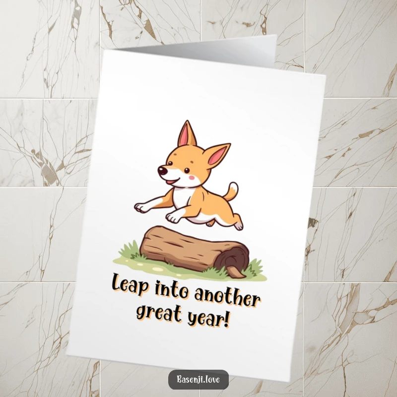 Funny Free Printable Birthday Card: Energetic Basenji dog joyfully leaping over a log, ready for party fun.