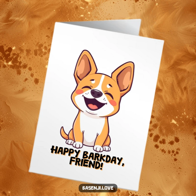 Funny free printable birthday card: A cute Basenji with perked ears barks silently with pure joy, radiating happiness.