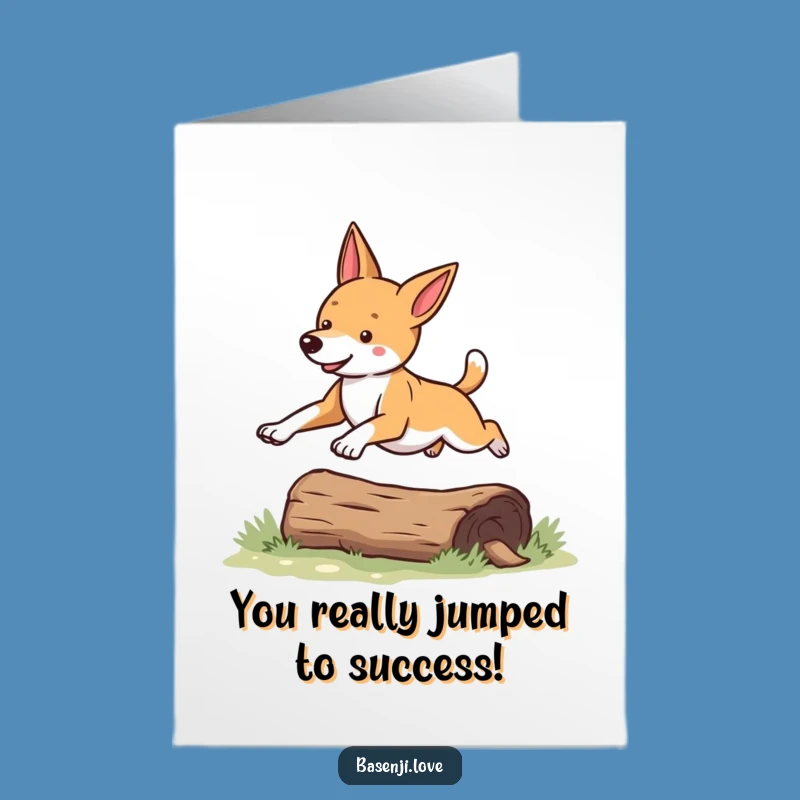 Free Printable Congrats Card: Leaping Basenji Dog - Funny Downloadable for Any Achievement