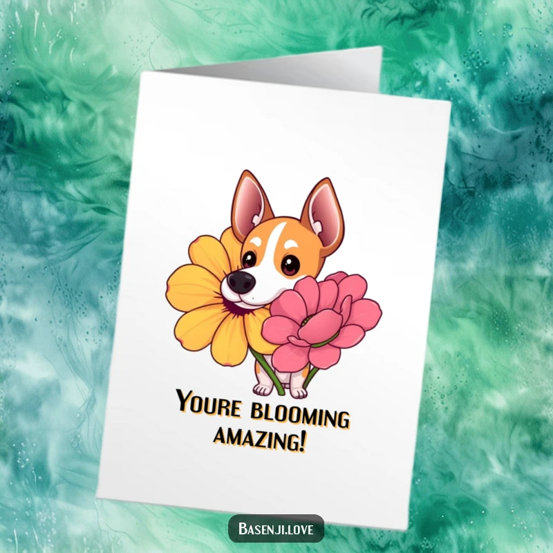Funny free printable congratulations card: A Basenji with curious eyes sniffs a large, colorful flower, marveling at its beauty.