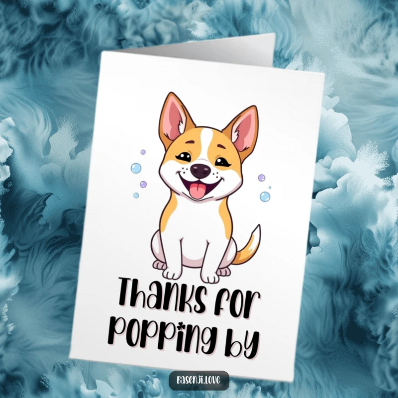 Funny Free Printable Thank You Card: A Basenji dog happily panting and creating small, celebratory bubbles.