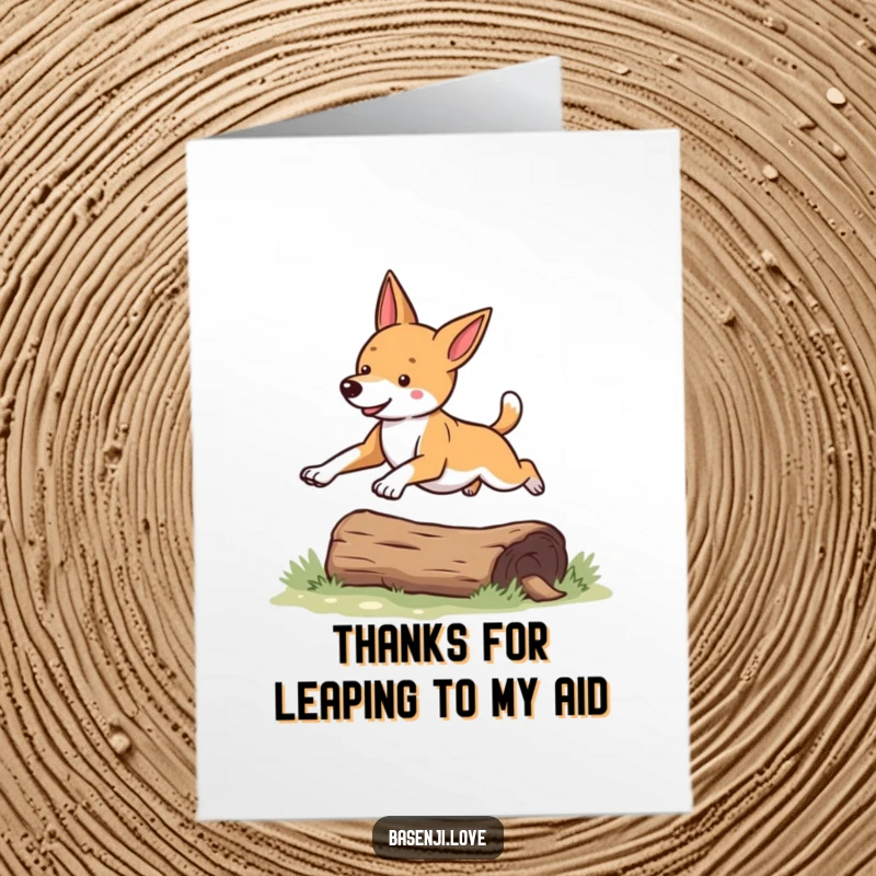 Funny Free Printable Thank You Card: Joyful Basenji dog captured mid-leap, expressing enthusiastic thanks.