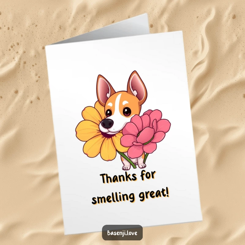 Funny free printable thank you card: A Basenji with wide, curious eyes deeply sniffs a giant, colorful flower with interest.