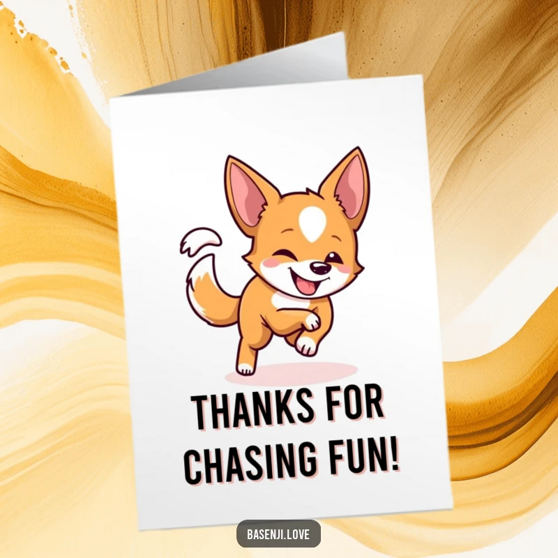 Funny free printable thank you card: A Basenji with a wide, playful grin spins around chasing its tail in circles.