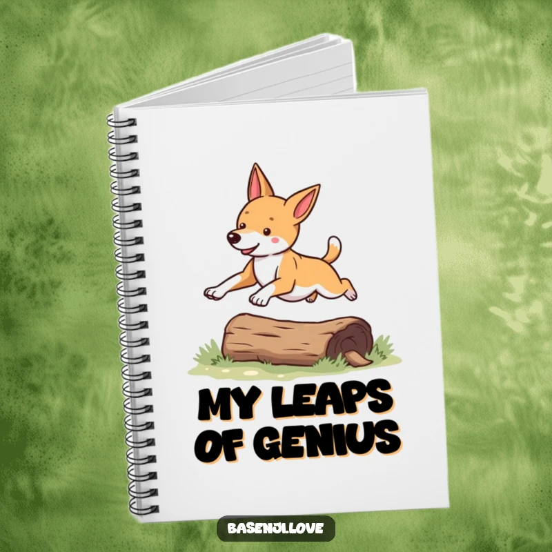 Funny Basenji notebook cover depicting a dog energetically leaping over a log, inspiring action.