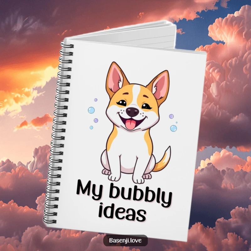 Funny Basenji notebook cover featuring a happy dog panting bubbles, inspiring cheerful note-taking.