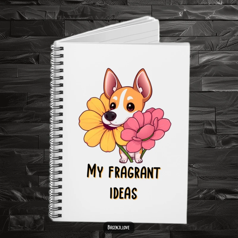 Funny notebook featuring a Basenji with wide, curious eyes sniffing a giant, colorful flower.