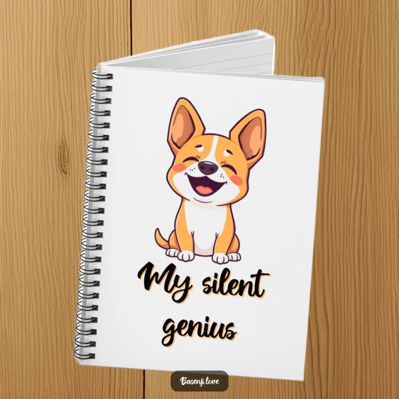 Funny notebook featuring a cute Basenji with perked ears, silently barking with joy, ideal for writing.