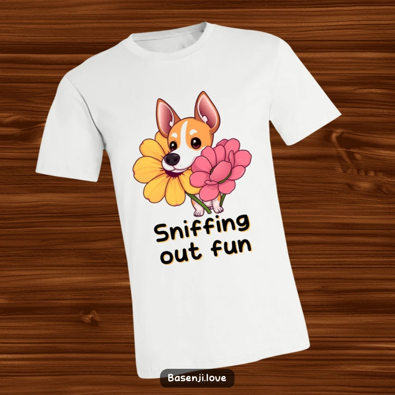 Funny T-Shirt featuring a Basenji with wide, curious eyes sniffing a giant, colorful flower with interest.
