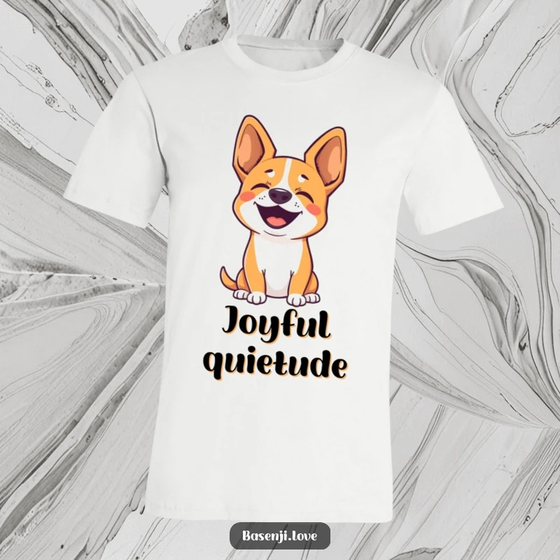 Funny T-Shirt featuring a cute Basenji with perked ears, silently barking with immense happiness and love.