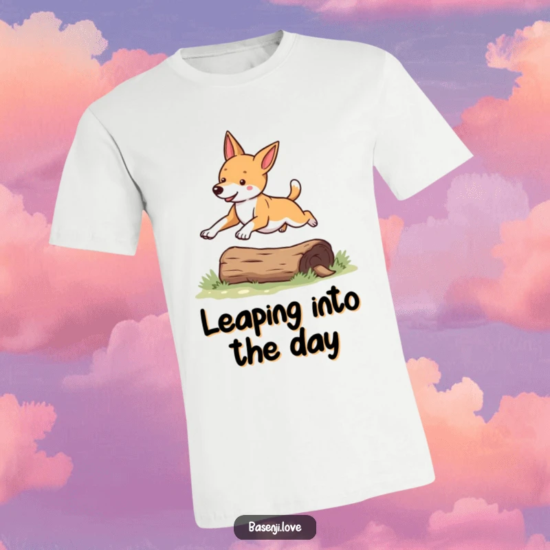 Funny Basenji t-shirt featuring a dog mid-leap over a log, embodying pure excitement and agility.