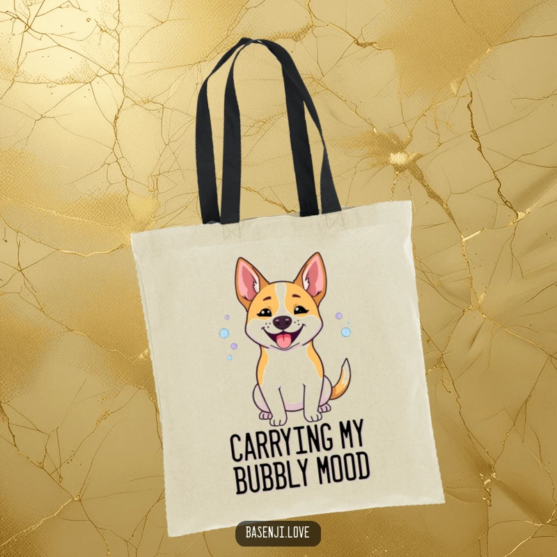 Funny Basenji tote bag featuring a dog happily panting out small, effervescent bubbles.