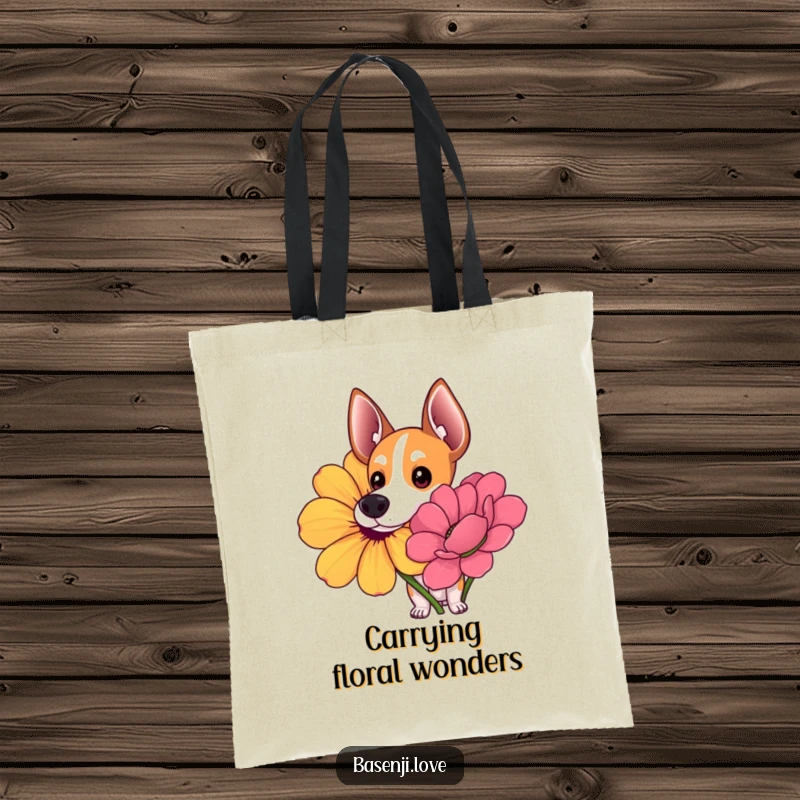 Funny tote bag featuring a Basenji with wide, curious eyes sniffing a giant, colorful flower.