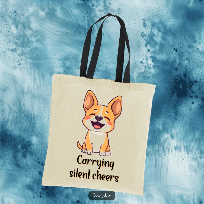Funny tote bag featuring a cute Basenji with perked ears, silently barking with happiness.